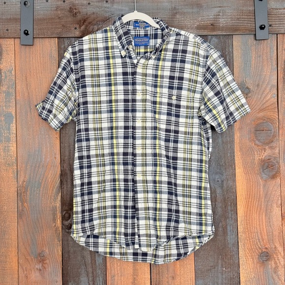 Pendleton Other - Pendleton Oceanside Mens Medium Short Sleeve Plaid Button Down Shirt Navy Yellow